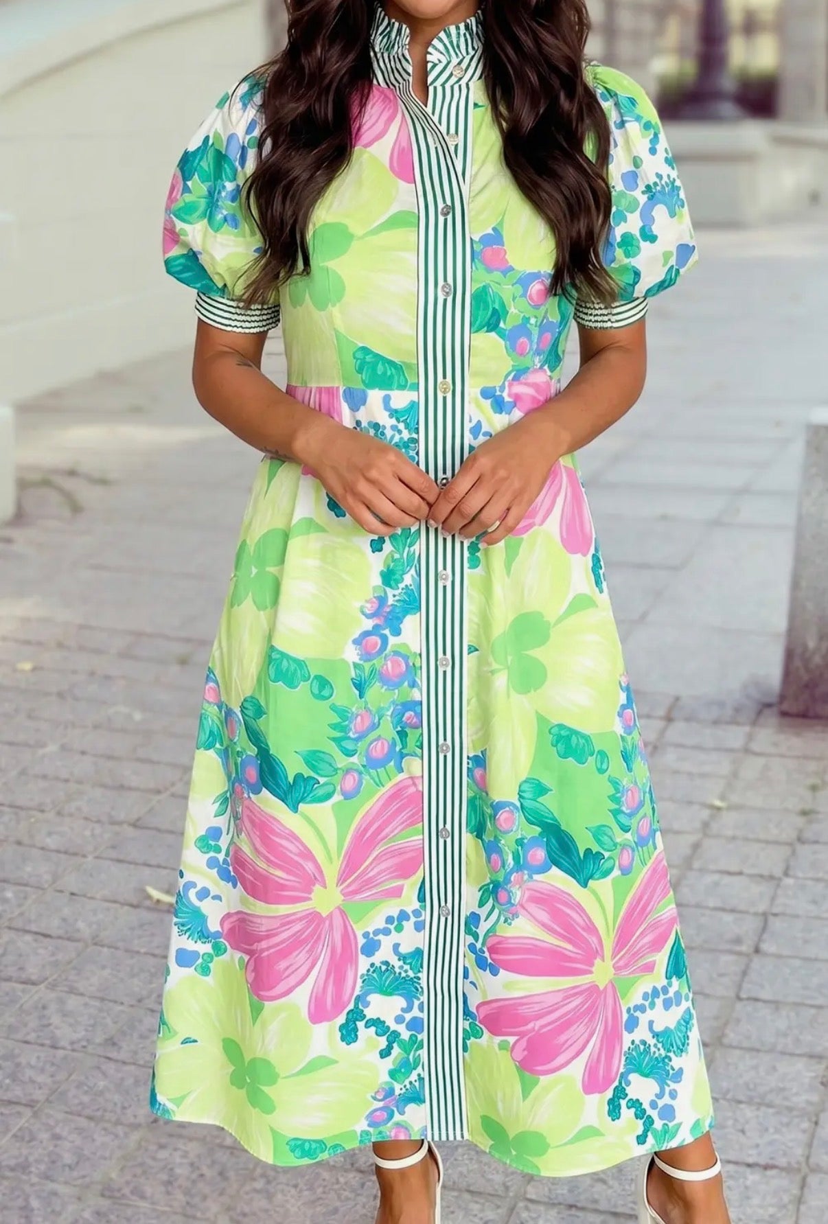 Floral Striped Trim Button Down Dress
