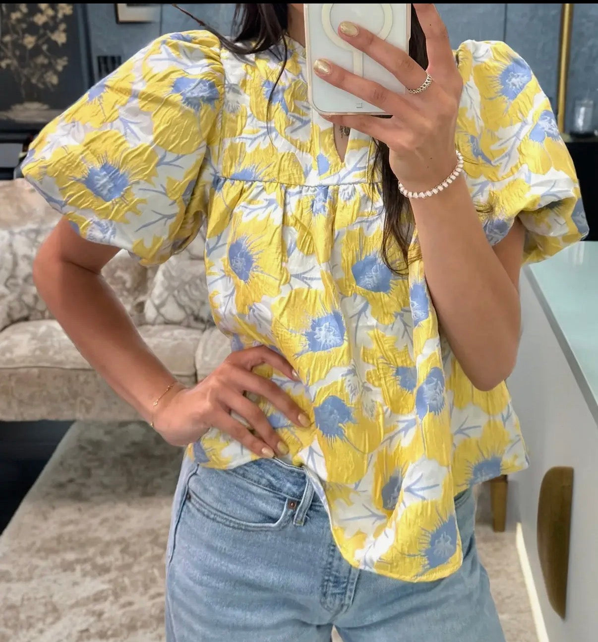 Floral Print Bubble Sleeve Top