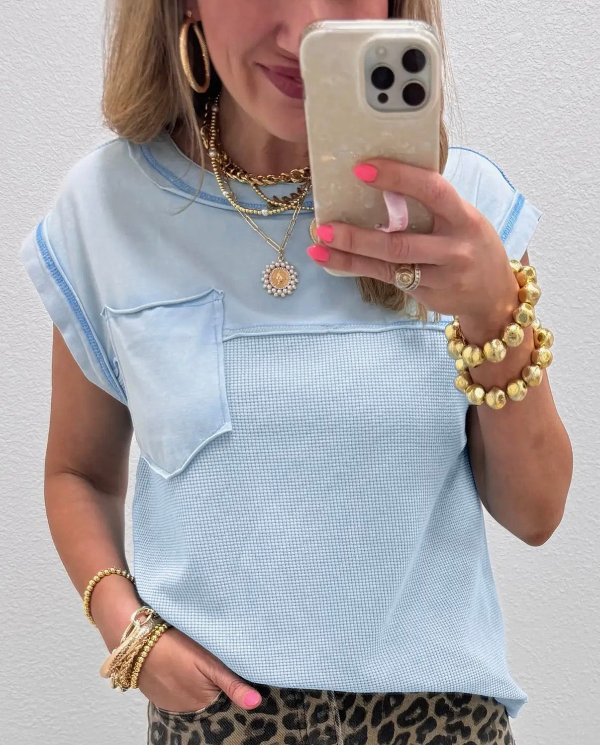 Blue Pocket Waffle Knit Top
