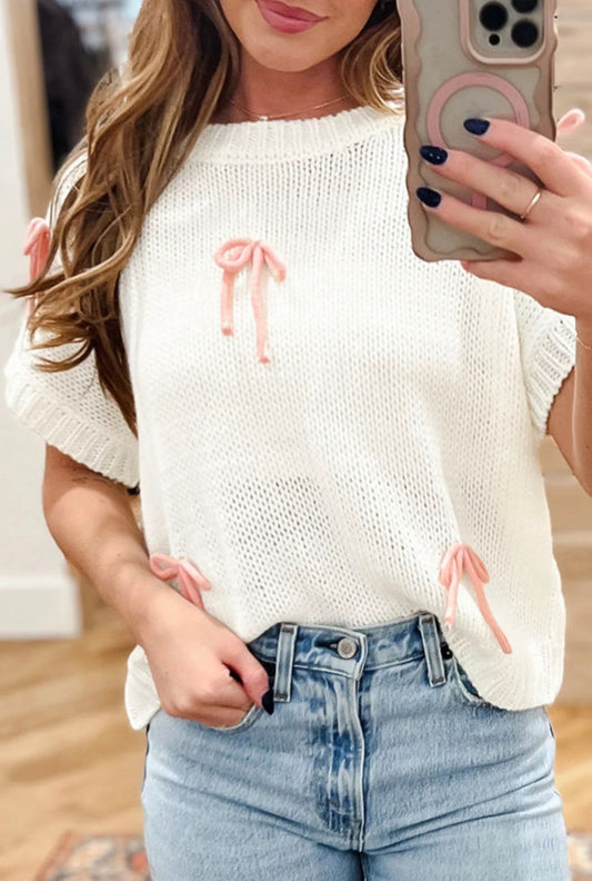 White Short Sleeve Bow Knot Top