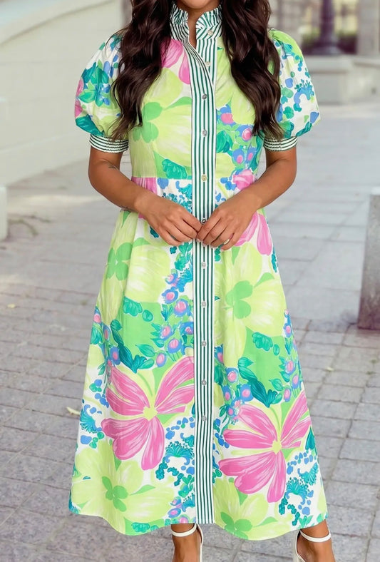 Floral Striped Trim Button Down Dress