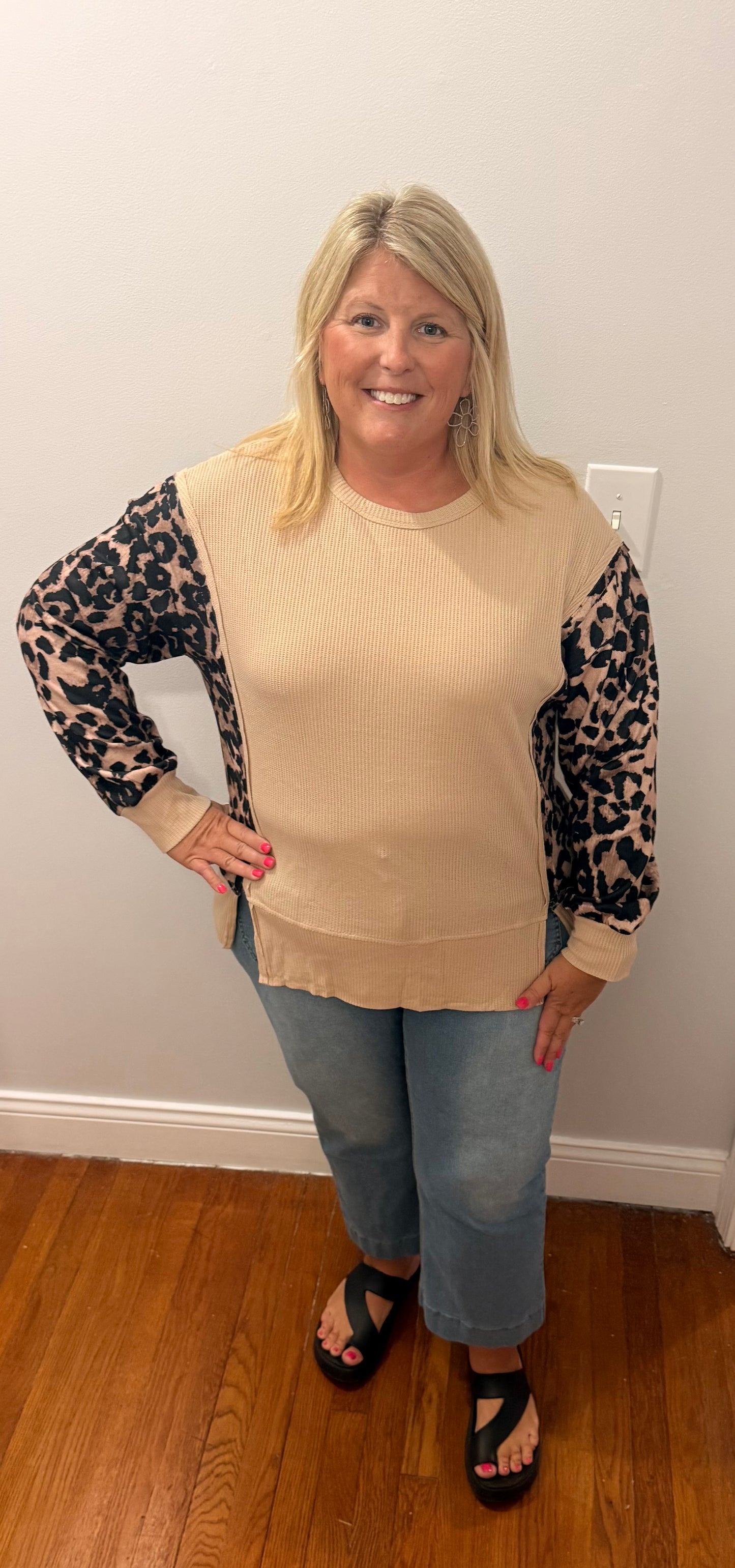 Leopard Sleeve Waffle Knit Top