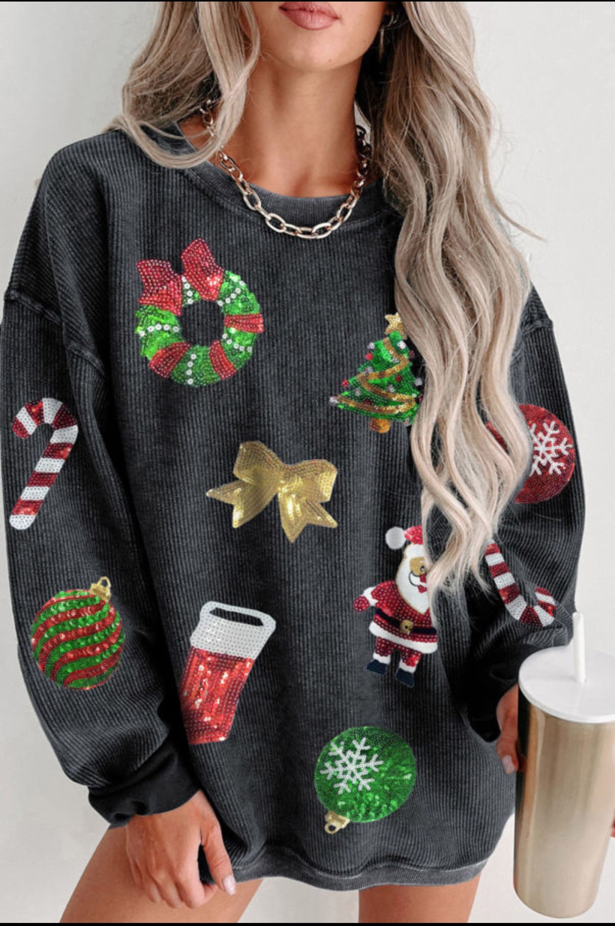 Christmas Sequence Patch Corded Sweatshirt