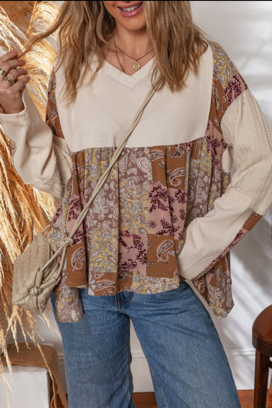 Beige Paisley Print Waffle Patchwork Shirt