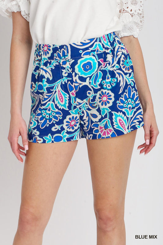 Floral Print Shorts with Elastic Waistband and Pleat Details
